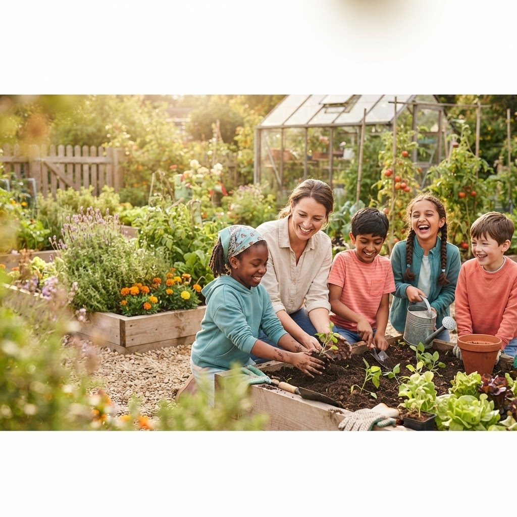 Children and a volunteer enjoying time together outdoors